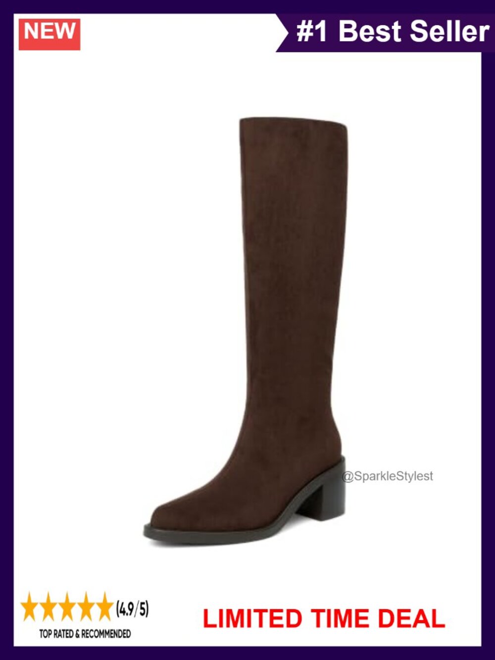 Knee High Boots Pointed Toe Tall Chunky Block Heel Zip Up Women's